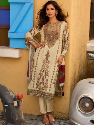 Off White Ethnic Motifs Printed Round Neck Silk Blend Straight Kurta With Trousers & Dupatta 2