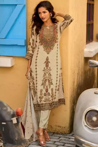 Off White Ethnic Motifs Printed Round Neck Silk Blend Straight Kurta With Trousers & Dupatta
