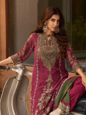 Rani Pink Ethnic Motifs Embroidered Regular Thread Work Silk Blend  Kurta with Trousers & With Dupatta 1