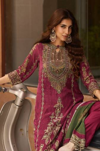 Rani Pink Ethnic Motifs Embroidered Regular Thread Work Silk Blend  Kurta with Trousers & With Dupatta