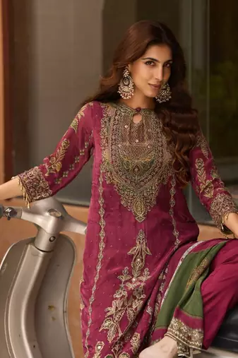 Rani Pink Ethnic Motifs Embroidered Regular Thread Work Silk Blend  Kurta with Trousers & With Dupatta