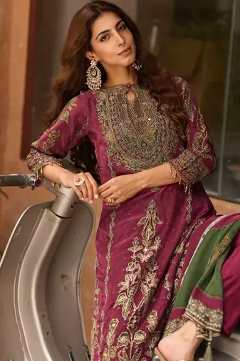 Rani Pink Ethnic Motifs Embroidered Regular Thread Work Silk Blend  Kurta with Trousers & With Dupatta