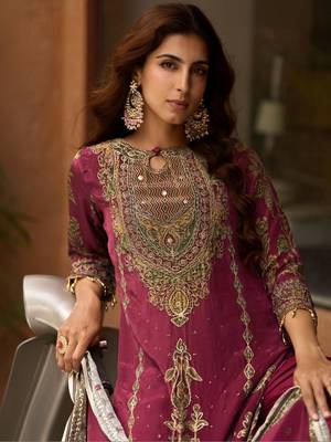 Rani Pink Ethnic Motifs Embroidered Regular Thread Work Silk Blend  Kurta with Trousers & With Dupatta 3