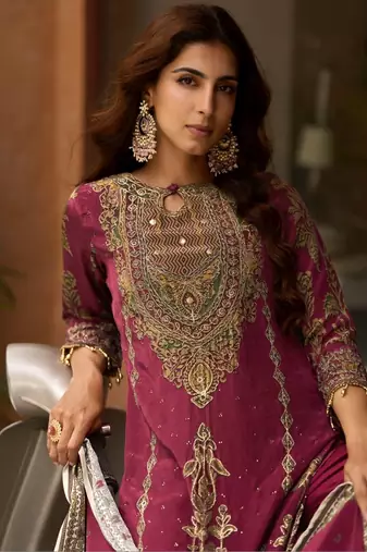 Rani Pink Ethnic Motifs Embroidered Regular Thread Work Silk Blend  Kurta with Trousers & With Dupatta