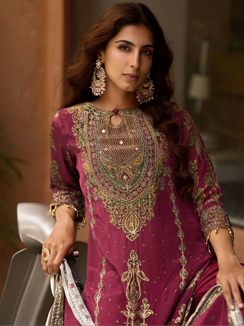 Rani Pink Ethnic Motifs Embroidered Regular Thread Work Silk Blend  Kurta with Trousers & With Dupatta