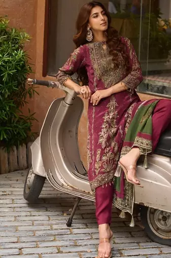 Rani Pink Ethnic Motifs Embroidered Regular Thread Work Silk Blend  Kurta with Trousers & With Dupatta