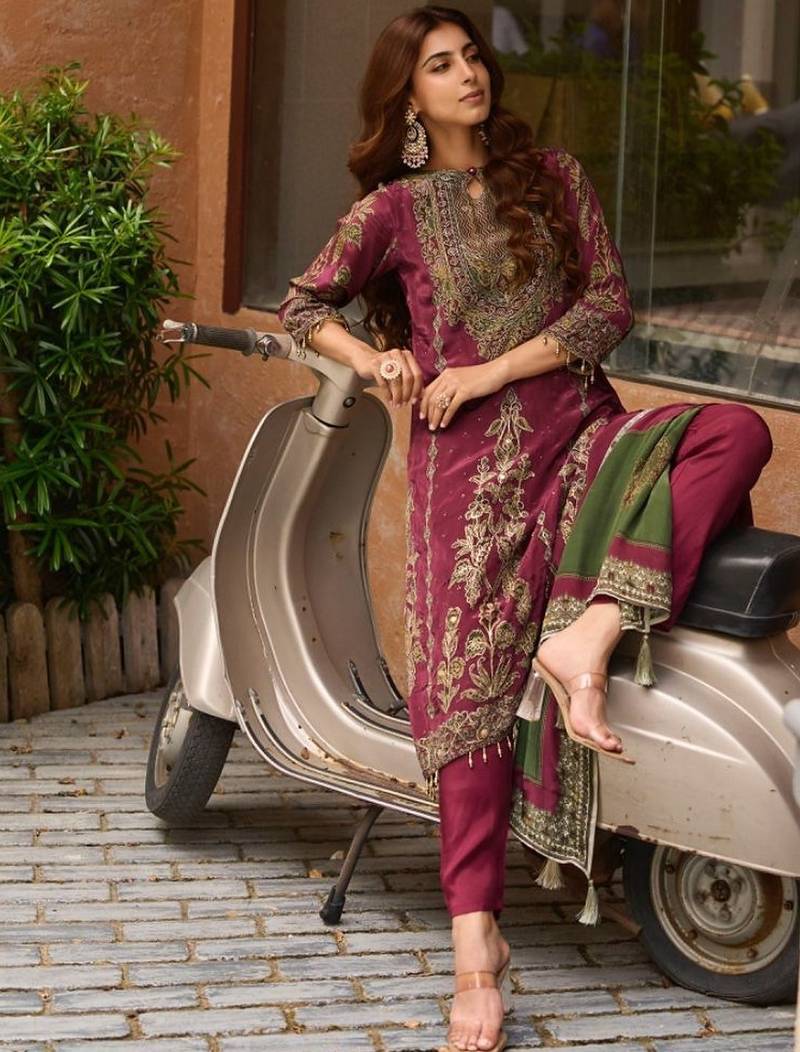 Rani Pink Ethnic Motifs Embroidered Regular Thread Work Silk Blend  Kurta with Trousers & With Dupatta