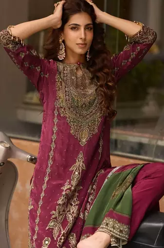 Rani Pink Ethnic Motifs Embroidered Regular Thread Work Silk Blend  Kurta with Trousers & With Dupatta