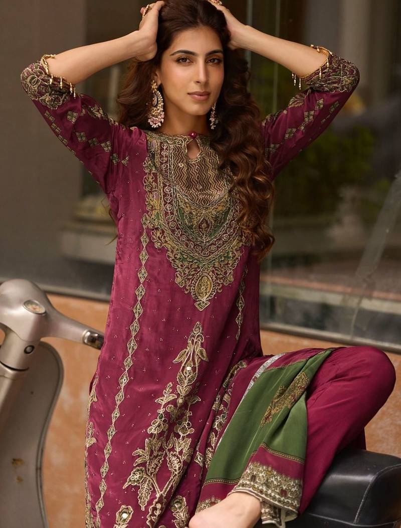 Rani Pink Ethnic Motifs Embroidered Regular Thread Work Silk Blend  Kurta with Trousers & With Dupatta