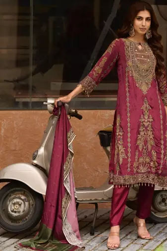 Rani Pink Ethnic Motifs Embroidered Regular Thread Work Silk Blend  Kurta with Trousers & With Dupatta