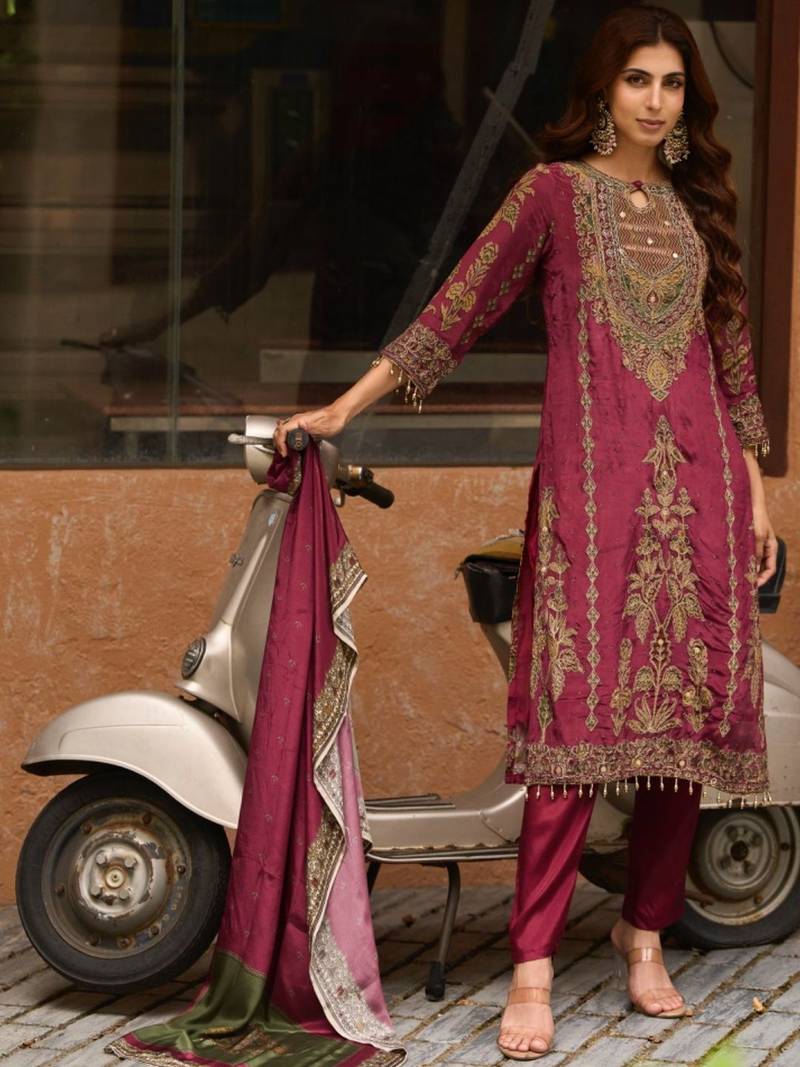 Rani Pink Ethnic Motifs Embroidered Regular Thread Work Silk Blend  Kurta with Trousers & With Dupatta
