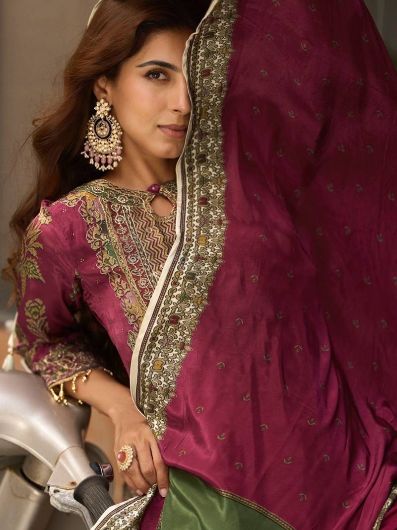 Rani Pink Ethnic Motifs Embroidered Regular Thread Work Silk Blend  Kurta with Trousers & With Dupatta