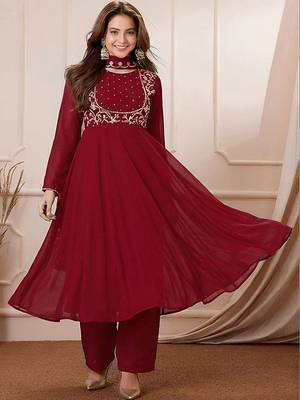 Women's maroon georgette embroidered kurta set with pant and dupatta 1
