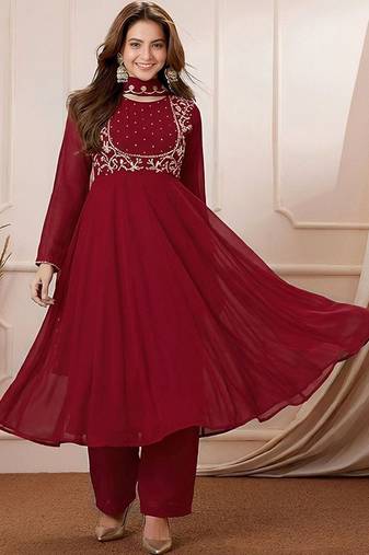 Women's maroon georgette embroidered kurta set with pant and dupatta