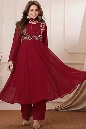 Women's maroon georgette embroidered kurta set with pant and dupatta