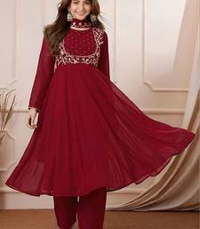 Women's maroon georgette embroidered kurta set with pant and dupatta