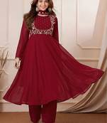 Women's maroon georgette embroidered kurta set with pant and dupatta