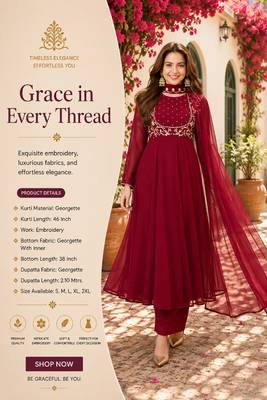 Women's maroon georgette embroidered kurta set with pant and dupatta 2