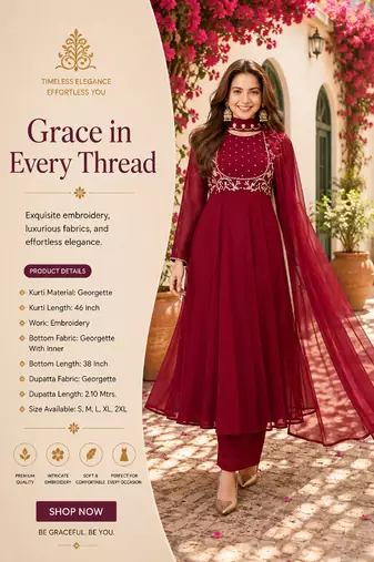 Women's maroon georgette embroidered kurta set with pant and dupatta