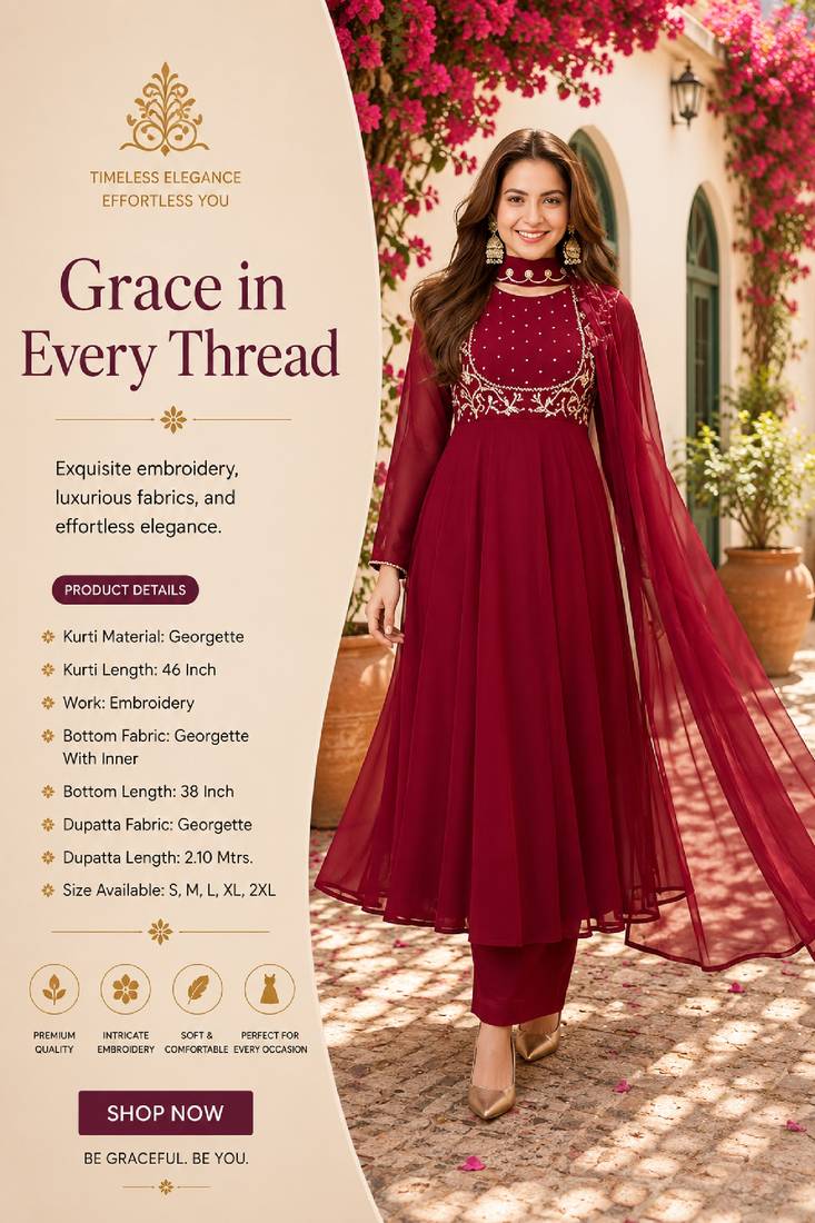 Women's maroon georgette embroidered kurta set with pant and dupatta
