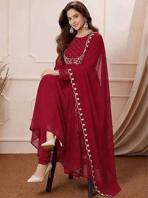 Women's maroon georgette embroidered kurta set with pant and dupatta 3