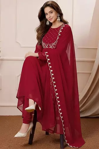 Women's maroon georgette embroidered kurta set with pant and dupatta