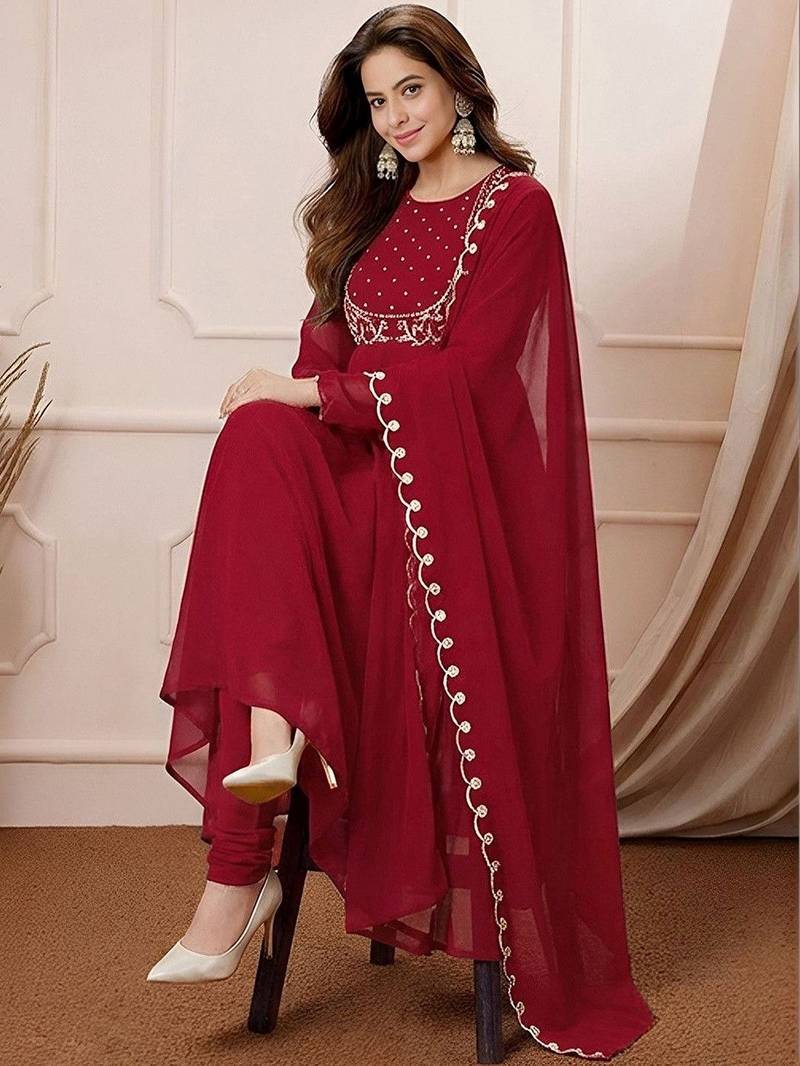 Women's maroon georgette embroidered kurta set with pant and dupatta