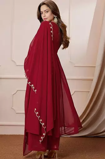 Women's maroon georgette embroidered kurta set with pant and dupatta