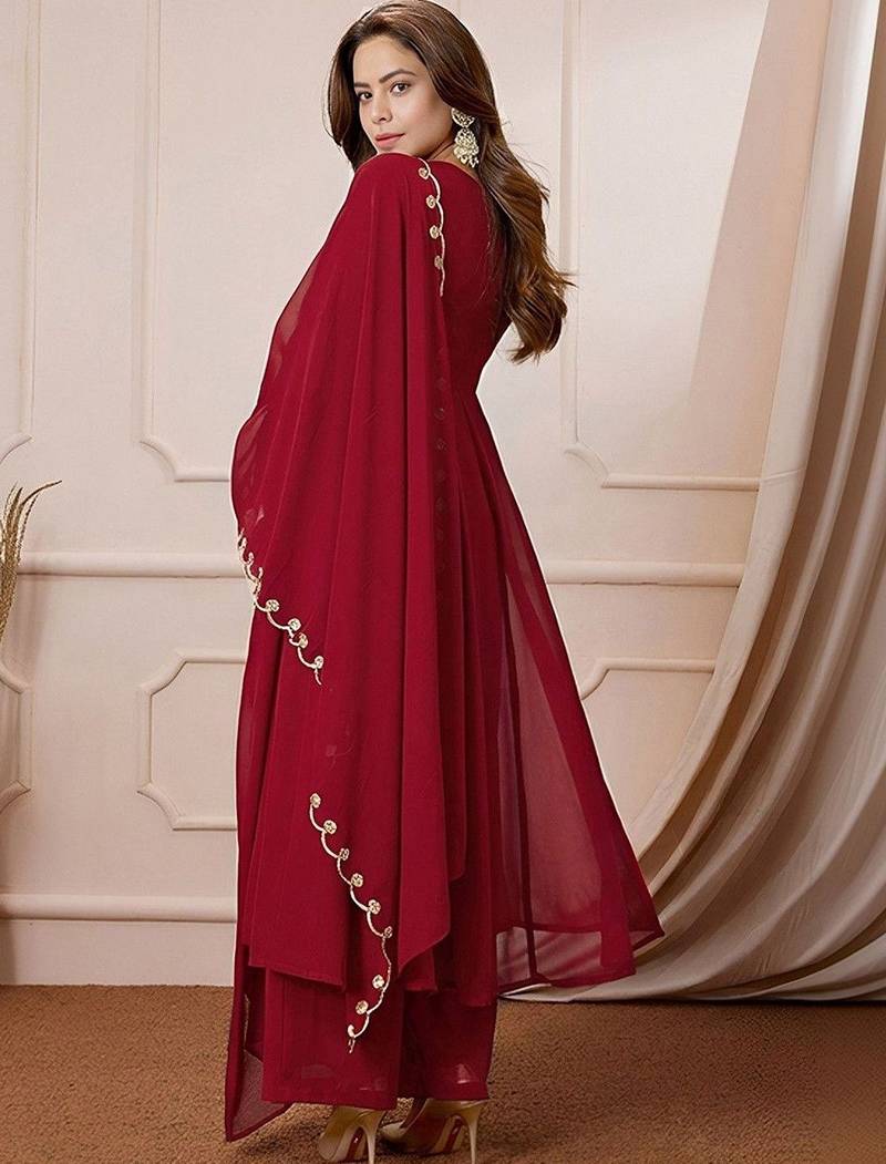 Women's maroon georgette embroidered kurta set with pant and dupatta