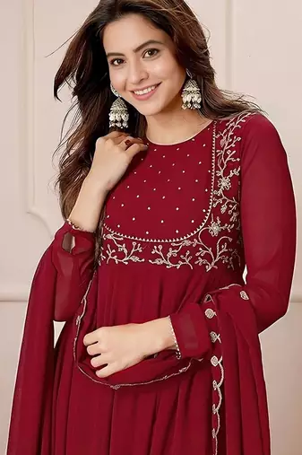 Women's maroon georgette embroidered kurta set with pant and dupatta