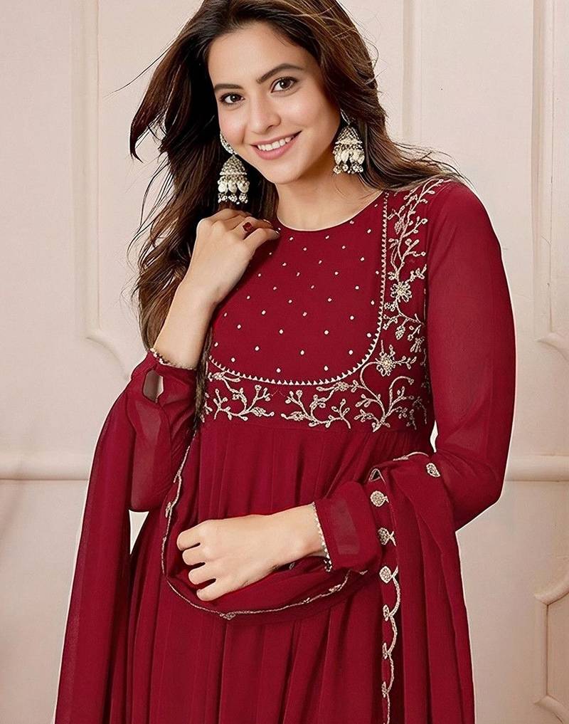 Women's maroon georgette embroidered kurta set with pant and dupatta