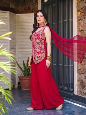 Women's red georgette embroidered straight kurti set with palazzo and dupatta 1