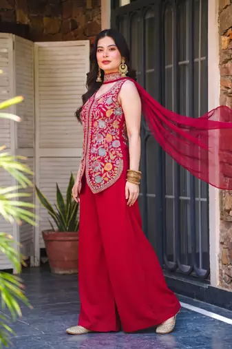 Women's red georgette embroidered straight kurti set with palazzo and dupatta