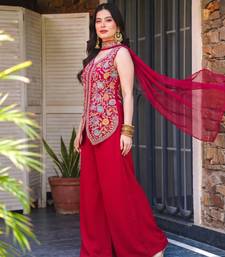 Women's red georgette embroidered straight kurti set with palazzo and dupatta