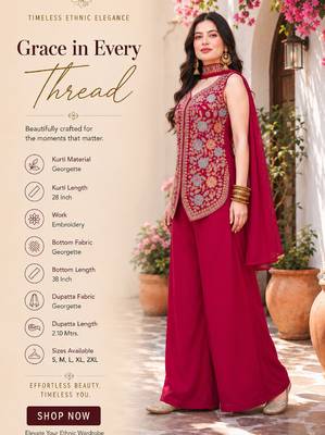Women's red georgette embroidered straight kurti set with palazzo and dupatta 2