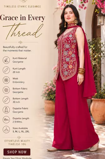 Women's red georgette embroidered straight kurti set with palazzo and dupatta
