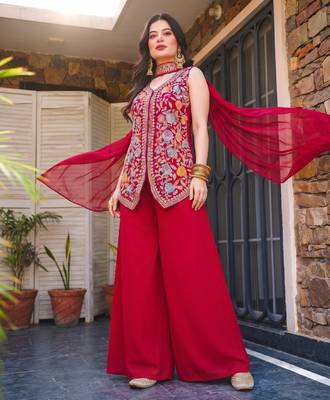 Women's red georgette embroidered straight kurti set with palazzo and dupatta 3