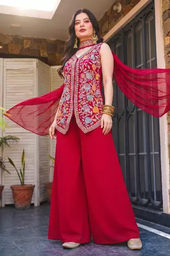 Women's red georgette embroidered straight kurti set with palazzo and dupatta
