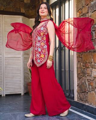 Women's red georgette embroidered straight kurti set with palazzo and dupatta 4