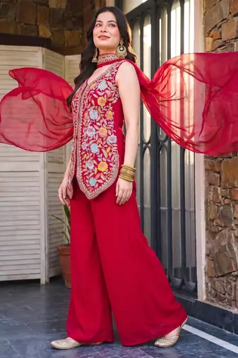 Women's red georgette embroidered straight kurti set with palazzo and dupatta