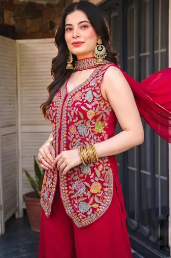 Women's red georgette embroidered straight kurti set with palazzo and dupatta