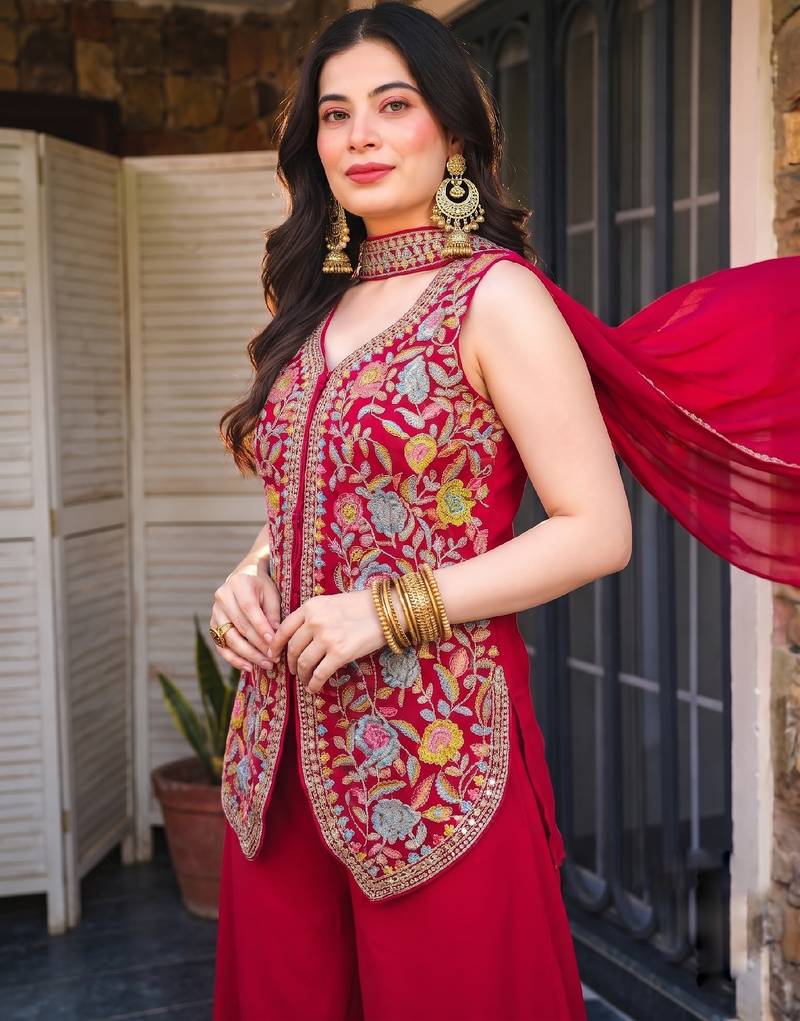 Women's red georgette embroidered straight kurti set with palazzo and dupatta