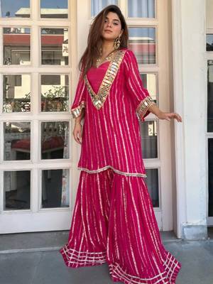 Women's pink viscose embroidered straight kurti set for women with sharara 1
