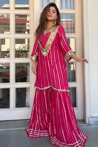 Women's pink viscose embroidered straight kurti set for women with sharara