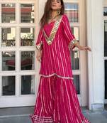 Women's pink viscose embroidered straight kurti set for women with sharara
