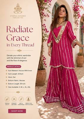 Women's pink viscose embroidered straight kurti set for women with sharara 2