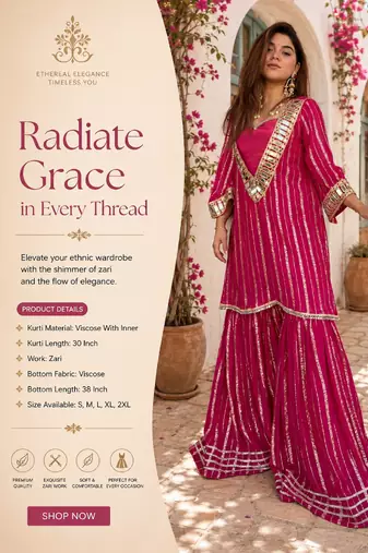 Women's pink viscose embroidered straight kurti set for women with sharara