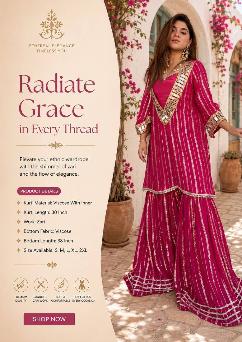 Women's pink viscose embroidered straight kurti set for women with sharara