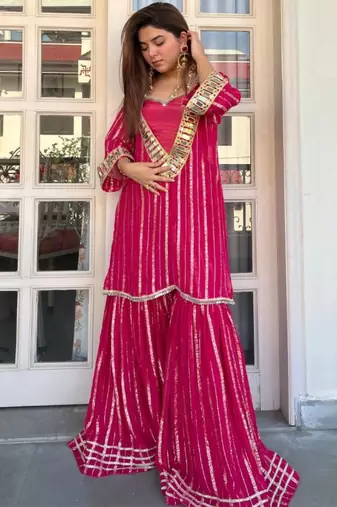 Women's pink viscose embroidered straight kurti set for women with sharara