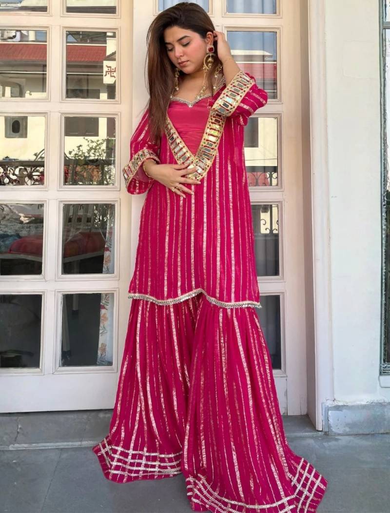 Women's pink viscose embroidered straight kurti set for women with sharara